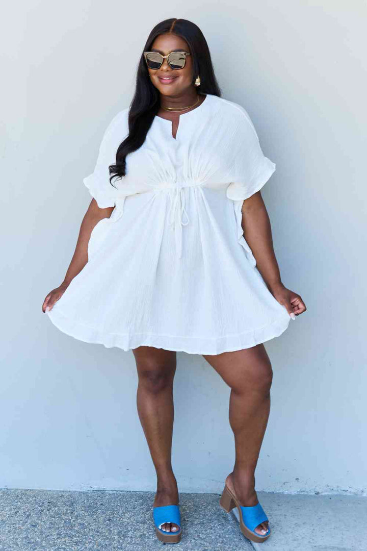 Ninexis Out Of Time Full Size Ruffle Hem Dress with Drawstring Waistband in White Trendsi