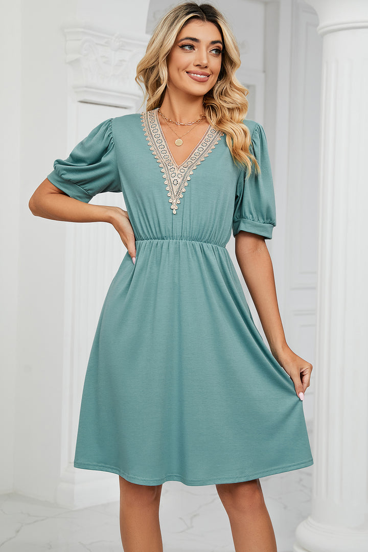 V-Neck Puff Sleeve Dress Trendsi