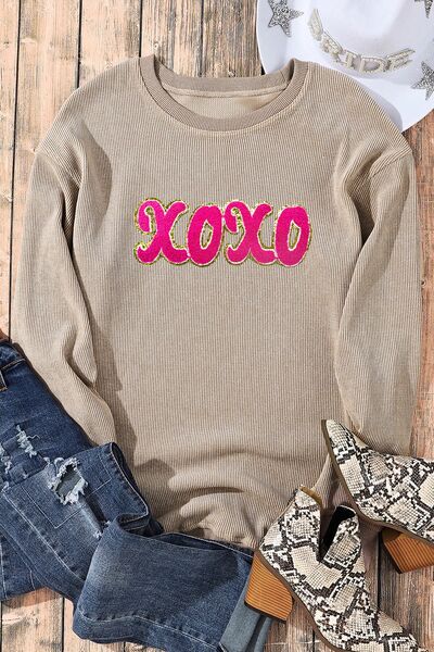 XOXO Sequin Round Neck Dropped Shoulder Sweatshirt Trendsi