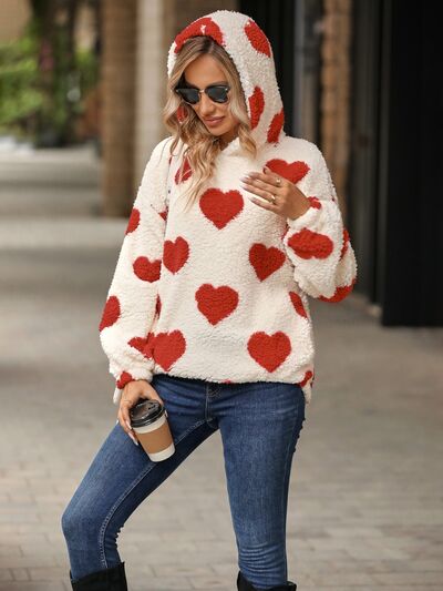 Fuzzy Heart Pocketed Dropped Shoulder Hoodie Trendsi