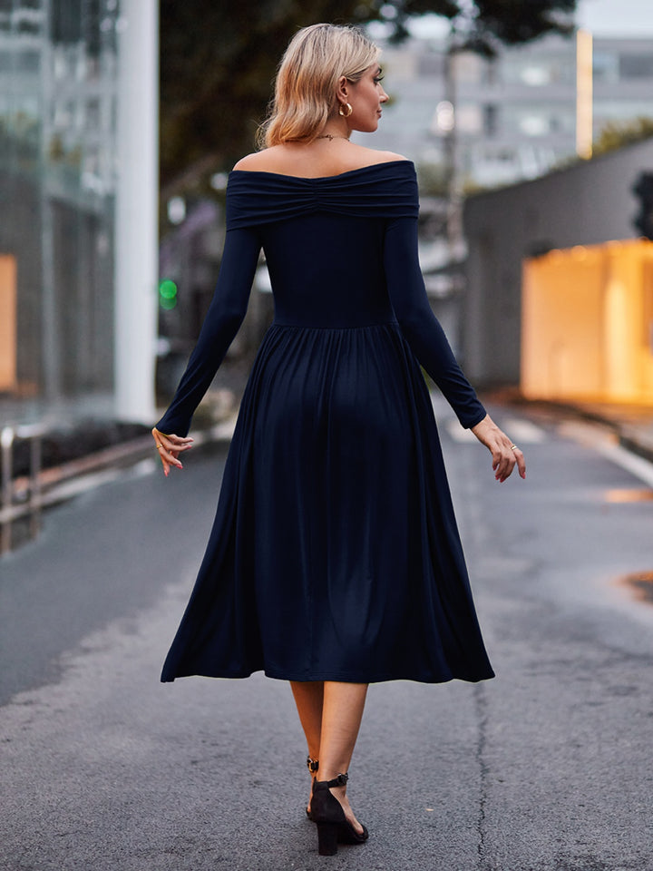 Ruched Off-Shoulder Midi Dress Trendsi