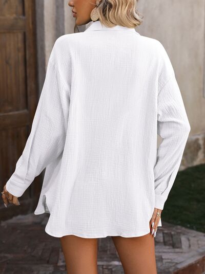 Textured Button Up Dropped Shoulder Shirt Trendsi