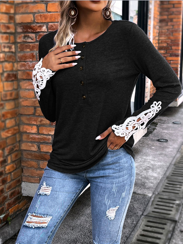 Half Button Lace Detail T-Shirt Trendsi