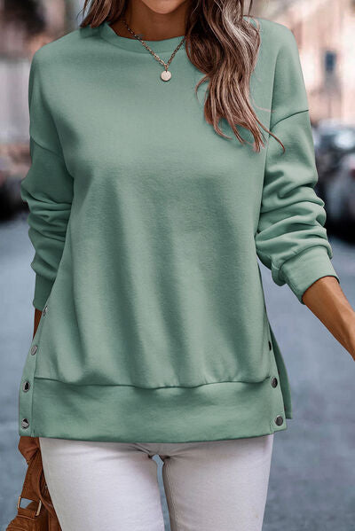 Snap Detail Round Neck Dropped Shoulder Sweatshirt Trendsi