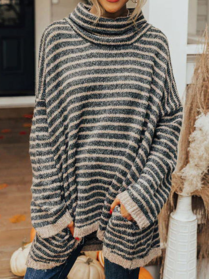 Striped Turtleneck Sweater with Pockets Trendsi