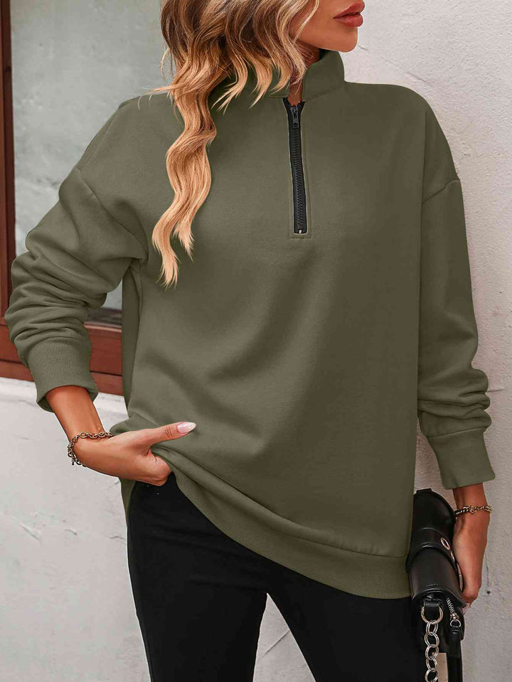 Zip-Up Dropped Shoulder Sweatshirt Trendsi