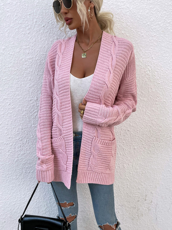 Cable-Knit Open Front Cardigan with Pockets Trendsi