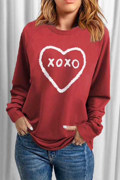 XOXO Heart Round Neck Sweatshirt Trendsi