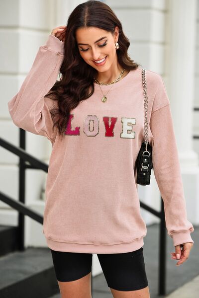 LOVE Round Neck Dropped Shoulder Sweatshirt Trendsi