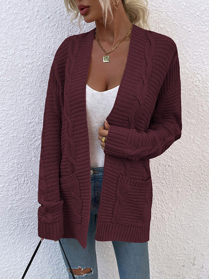 Cable-Knit Open Front Cardigan with Pockets Trendsi