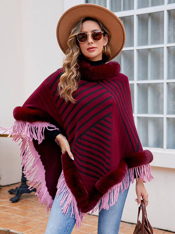 Striped Fringe Hem Poncho - Super Amazing Store