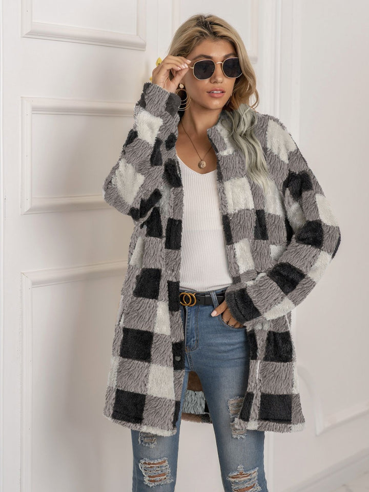 Plaid Collared Neck Longline Coat - Super Amazing Store