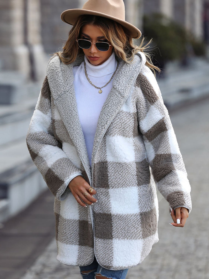 Plaid Open Front Hooded Coat - Super Amazing Store