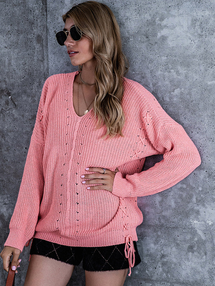 Lace-Up V-Neck Dropped Shoulder Sweater - Super Amazing Store