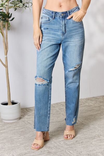 Judy Blue Full Size Distressed Raw Hem Straight Jeans Trendsi