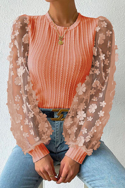 Double Take Textured Applique Long Sleeve Blouse Trendsi