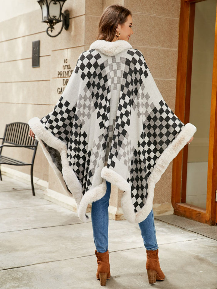 Checkered Faux Fur Trim Poncho - Super Amazing Store