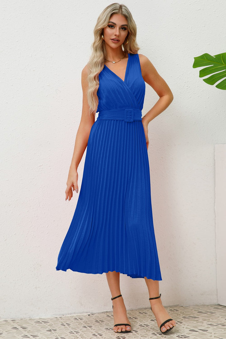 Surplice Sleeveless Midi Pleated Dress Trendsi