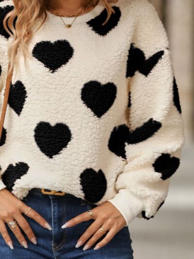 Fuzzy Heart Dropped Shoulder Sweatshirt Trendsi