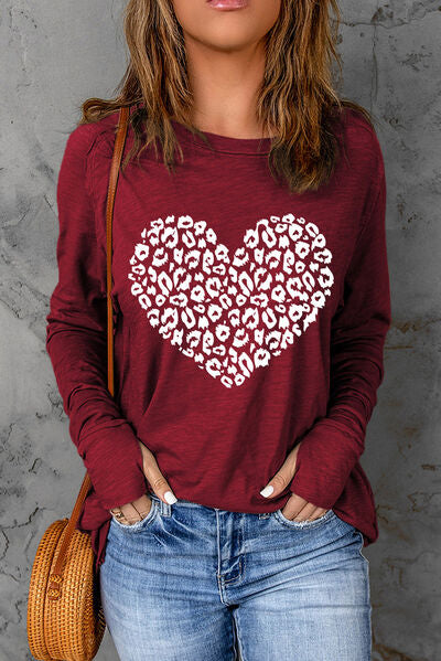 Heart Graphic Round Neck Long Sleeve T-Shirt Trendsi