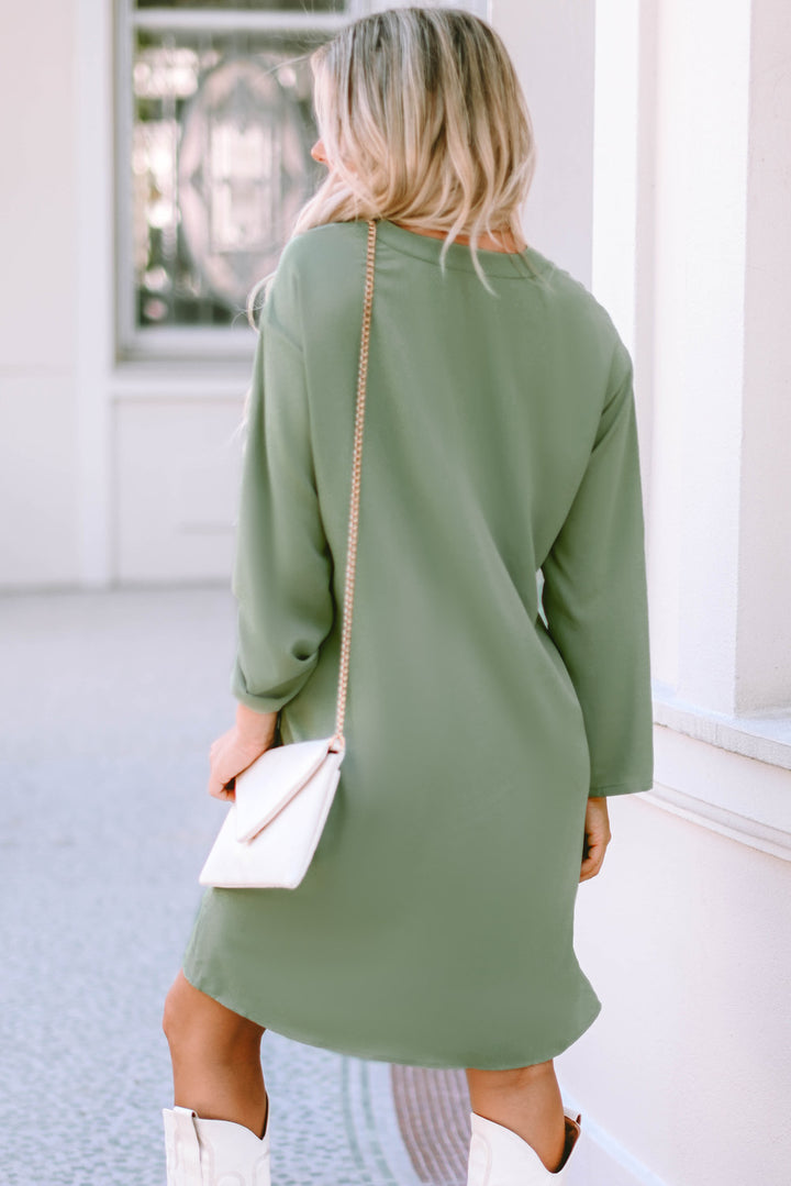 Notched Long Sleeve Dress with Pockets Trendsi