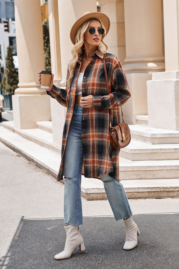 Plaid Collared Neck Long Sleeve Coat - Super Amazing Store