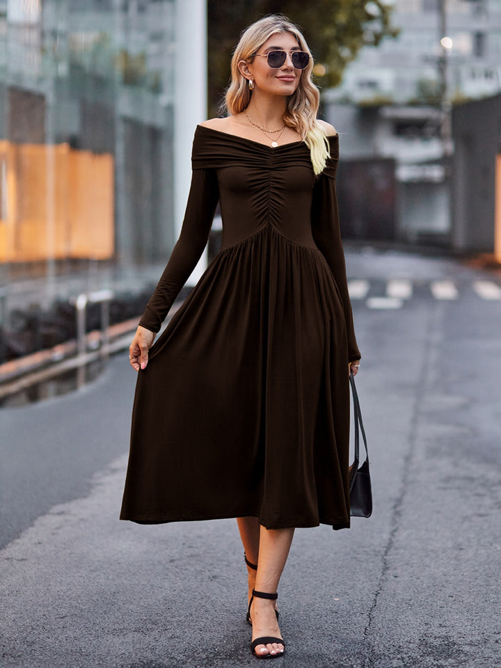 Ruched Off-Shoulder Midi Dress Trendsi