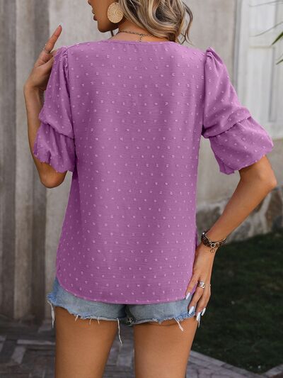 Swiss Dot V-Neck Short Sleeve Blouse Trendsi