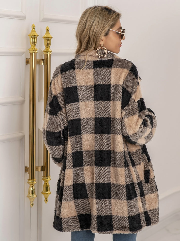 Plaid Collared Neck Longline Coat - Super Amazing Store