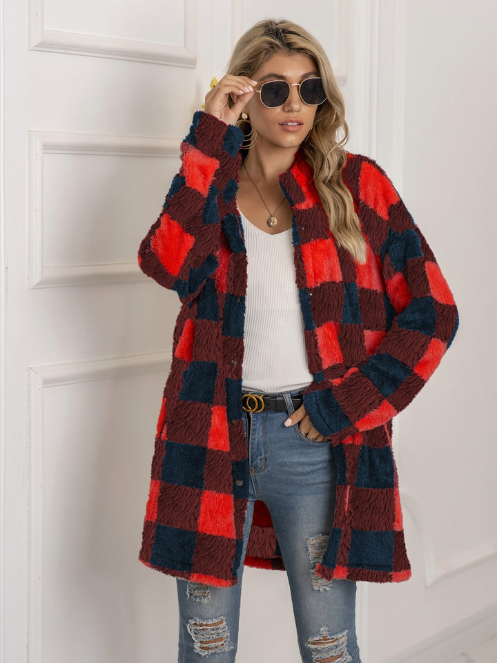 Plaid Collared Neck Longline Coat - Super Amazing Store