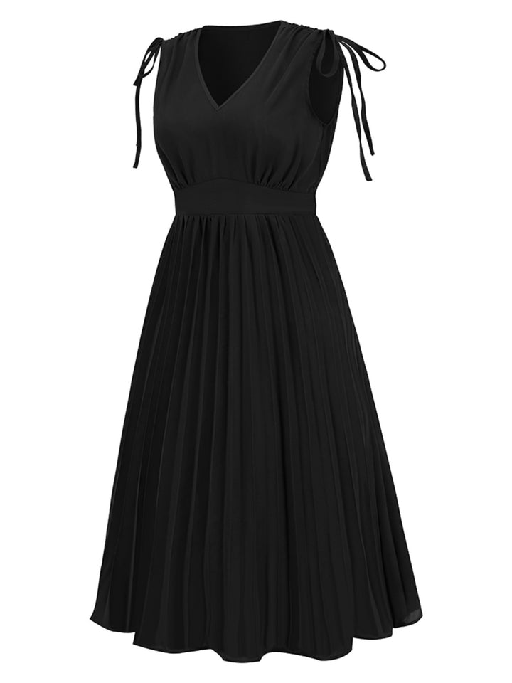 Pleated V-Neck Sleeveless Midi Dress Trendsi