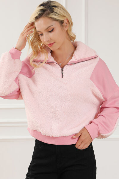 Fuzzy Half Zip Dropped Shoulder Sweatshirt Trendsi