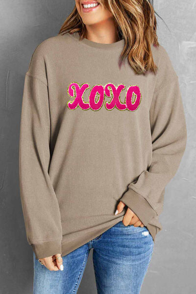 XOXO Sequin Round Neck Dropped Shoulder Sweatshirt Trendsi