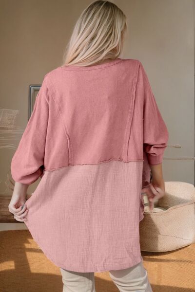 Contrast Texture Round Neck Long Sleeve Blouse Trendsi