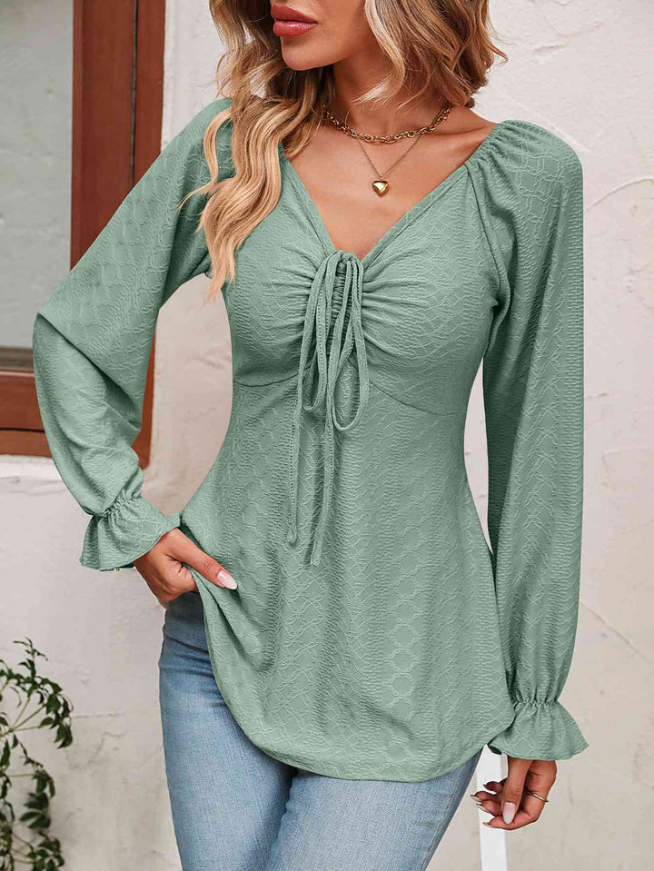 Tie Front V-Neck Puff Sleeve Blouse Trendsi