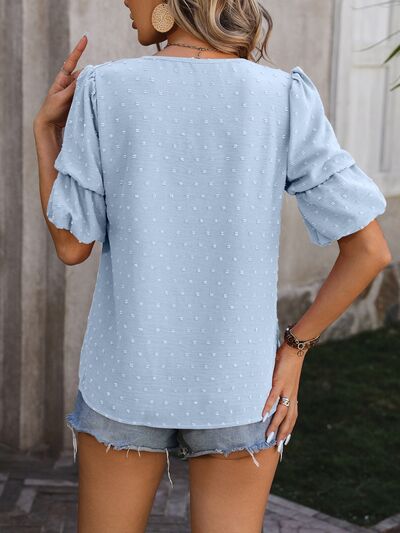 Swiss Dot V-Neck Short Sleeve Blouse Trendsi