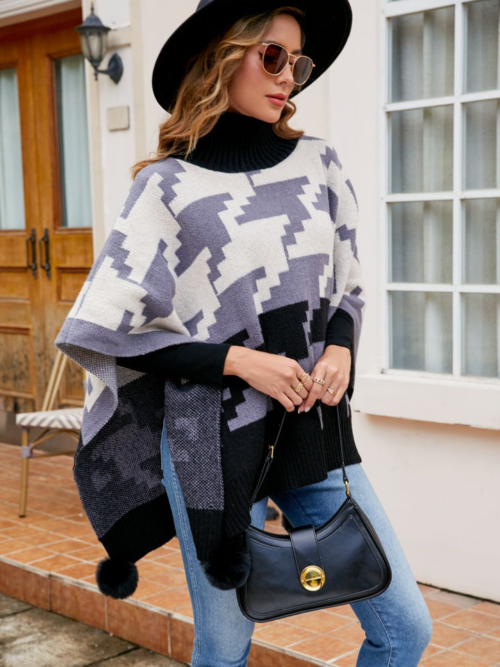 Turtleneck Pom-Pom Trim Poncho Trendsi