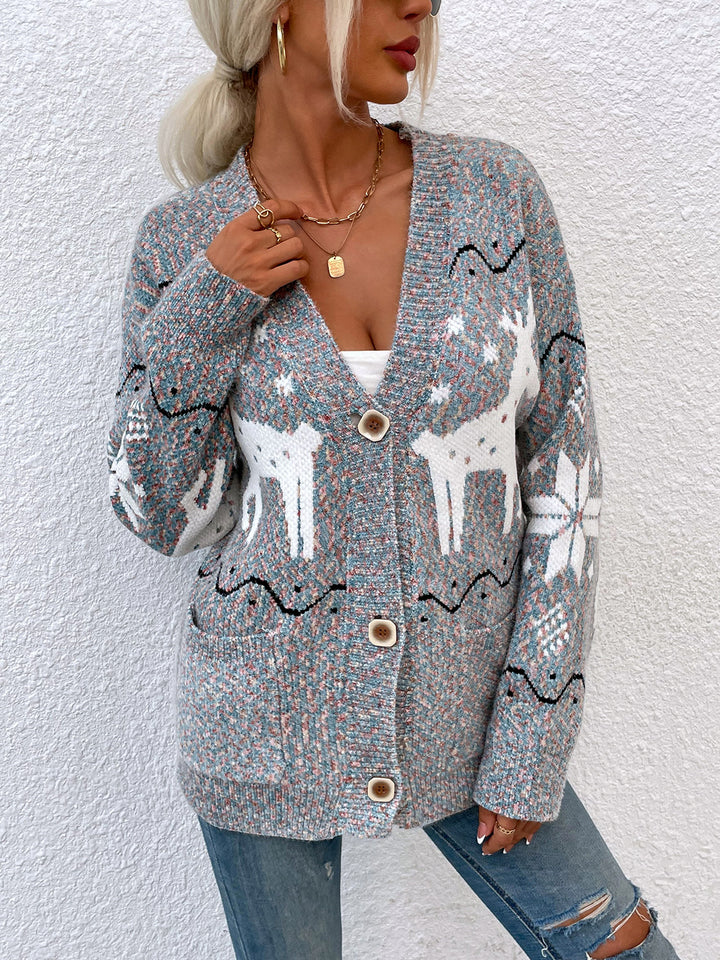 Reindeer Button Down Cardigan with Pockets - Super Amazing Store