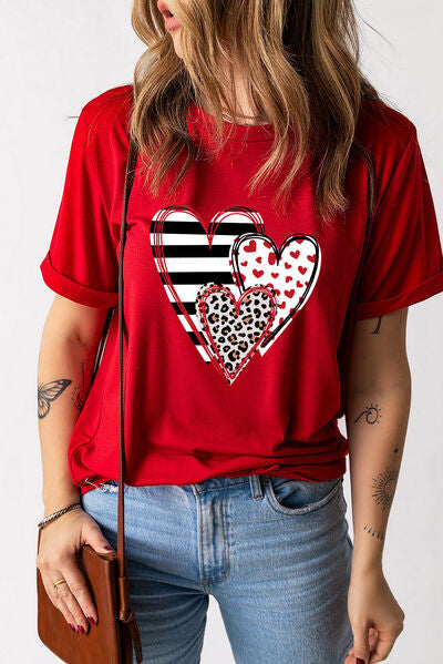 Heart Round Neck Short Sleeve T-Shirt Trendsi