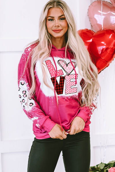 LOVE Heart Drawstring Dropped Shoulder Hoodie Trendsi