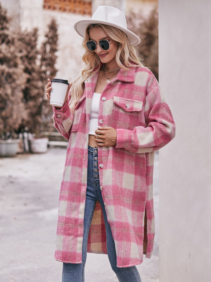 Plaid Dropped Shoulder Slit Coat - Super Amazing Store