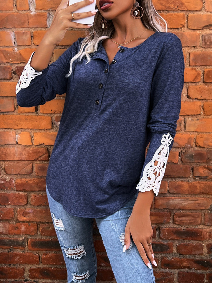 Half Button Lace Detail T-Shirt Trendsi