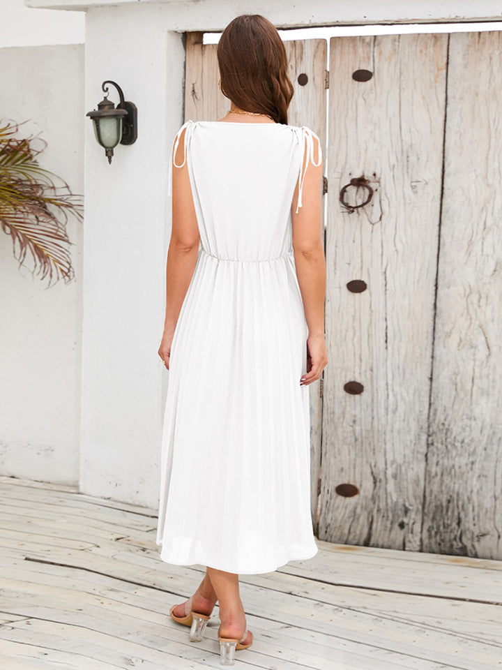 Pleated V-Neck Sleeveless Midi Dress Trendsi