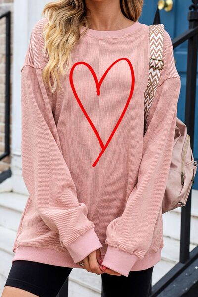 Heart Round Neck Dropped Shoulder Sweatshirt Trendsi