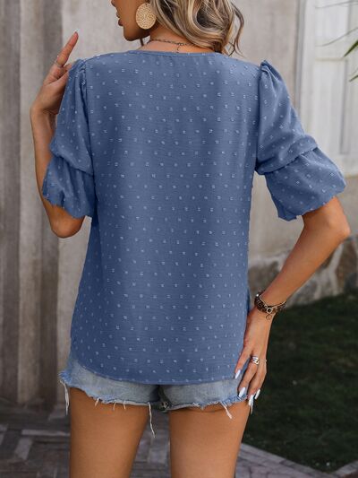 Swiss Dot V-Neck Short Sleeve Blouse Trendsi