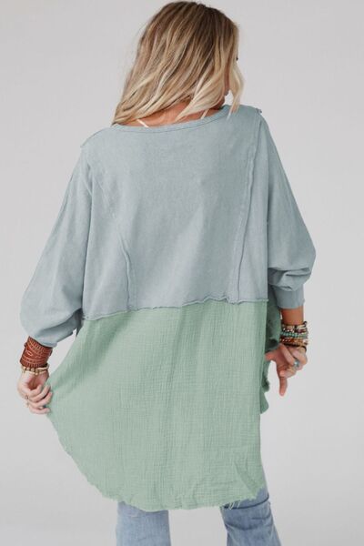 Contrast Texture Round Neck Long Sleeve Blouse Trendsi