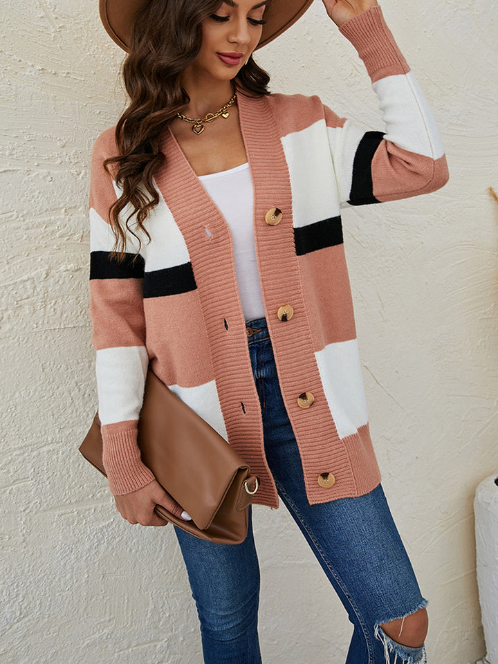 Color Block Button Down Cardigan Trendsi