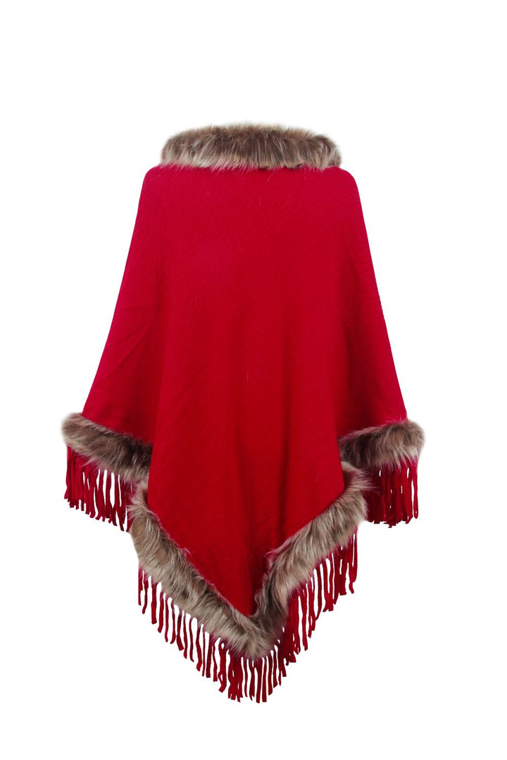 Faux Fur Trim Fringed Poncho - Super Amazing Store