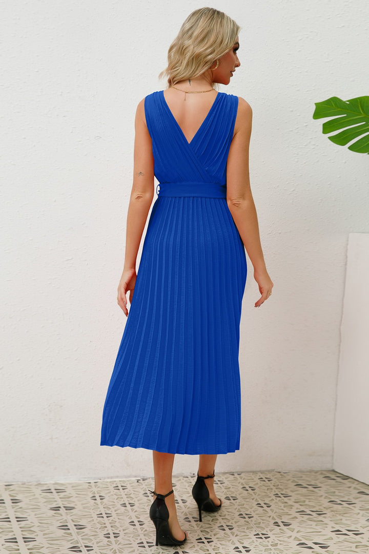 Surplice Sleeveless Midi Pleated Dress Trendsi