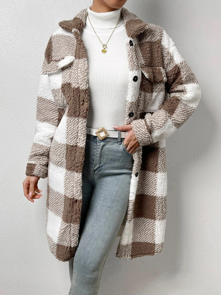 Plaid Collared Neck Button Down Coat - Super Amazing Store